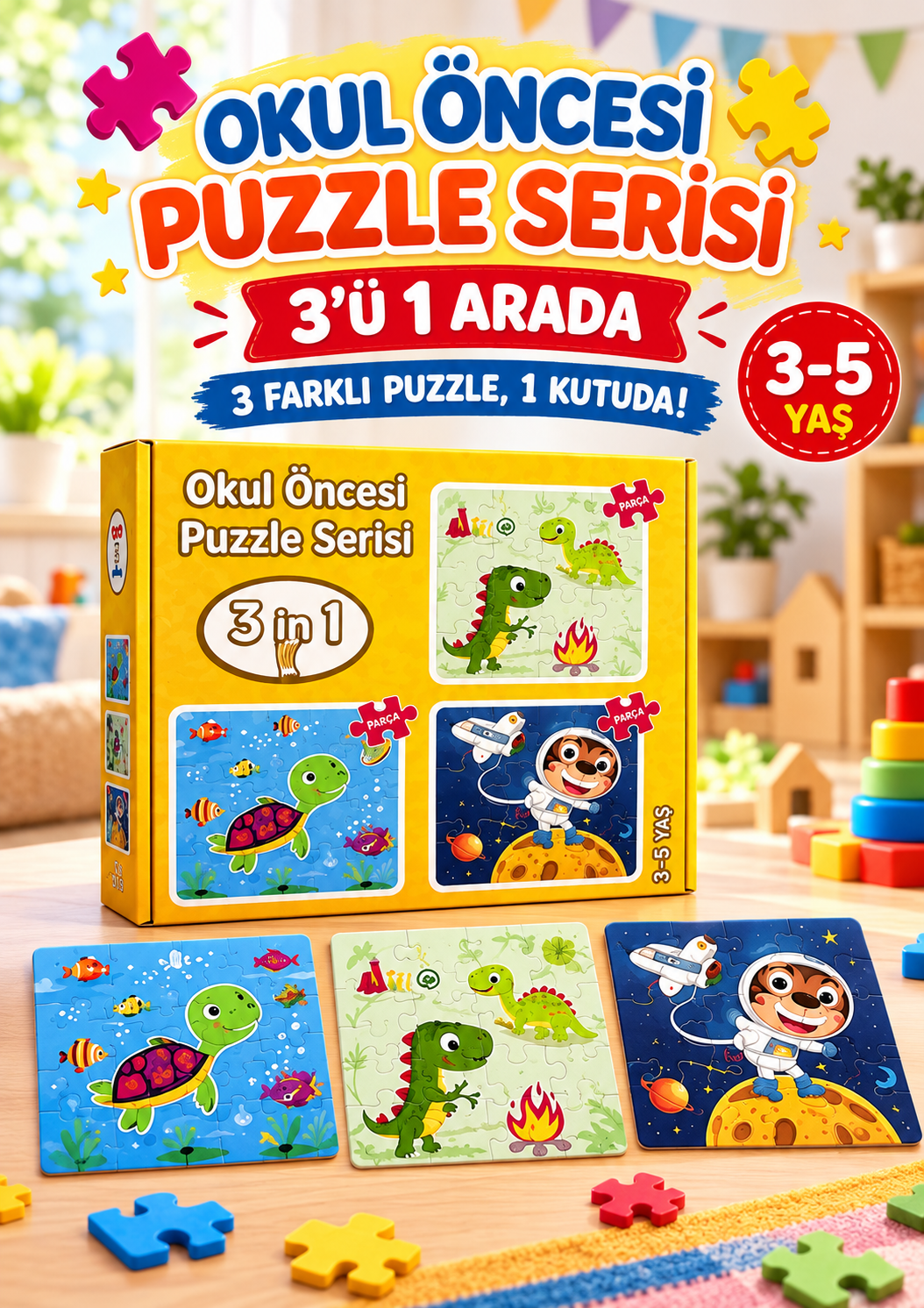 Okul Öncesi Yapboz 3 Adet Farklı Tasarım Tek Kutu Sarı